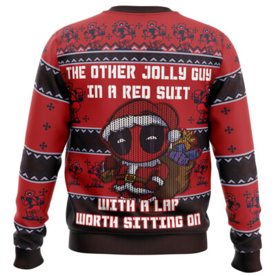 The Deadpool Jolly Red Guy Ugly Christmas Sweater features Deadpool in a red suit holding gifts, festive patterns, and the text: The other jolly guy in a red suit, with a lap worth sitting on, plus small Deadpool graphics throughout.