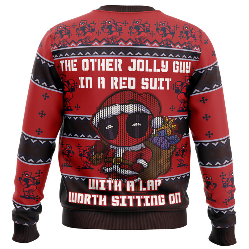 The Deadpool Jolly Red Guy Ugly Christmas Sweater features Deadpool in a red suit holding gifts, festive patterns, and the text: The other jolly guy in a red suit, with a lap worth sitting on, plus small Deadpool graphics throughout.