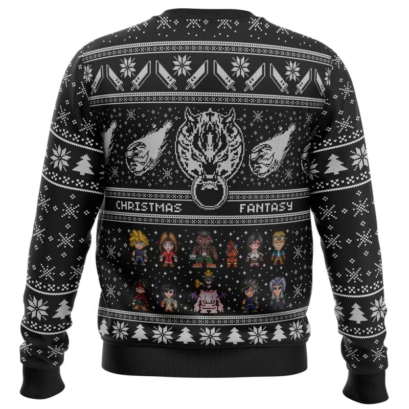 The Final Fantasy 7 Ugly Christmas Sweater features a black base, white festive patterns, a stylized tiger face, angel wings, pixel art characters, snowflakes, and CHRISTMAS FANTASY text across the back.