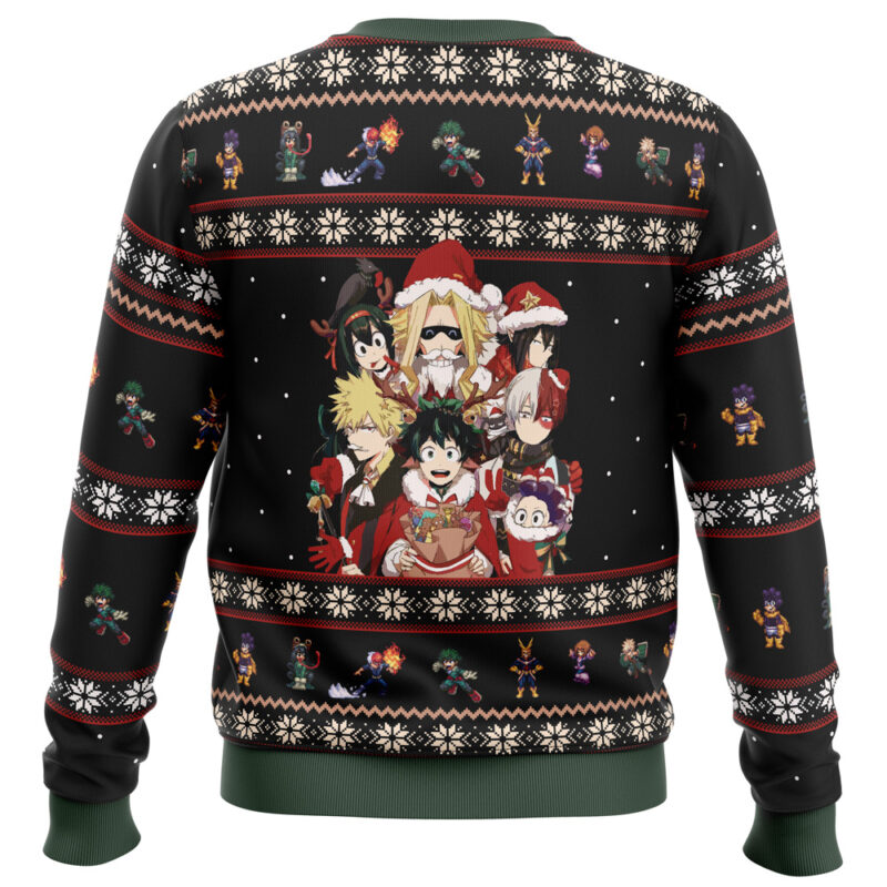 The My Hero Academia Boku No Holiday Ugly Christmas Sweater features anime heroes in festive outfits with Santa hats, presents, and snowflake patterns on a black background, plus green cuffs and collar—perfect for holiday celebrations.