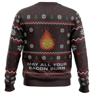 The Ghibli May All Your Bacon Burn Ugly Christmas Sweater displays snowflakes, Christmas trees, and a pixelated flaming face, with MAY ALL YOUR BACON BURN in bold white text at the bottom.