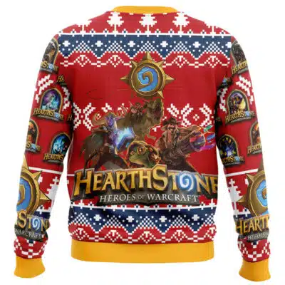 A red and blue patterned Hearth Stone Alt Ugly Christmas Sweater featuring game characters and the logo on the back.