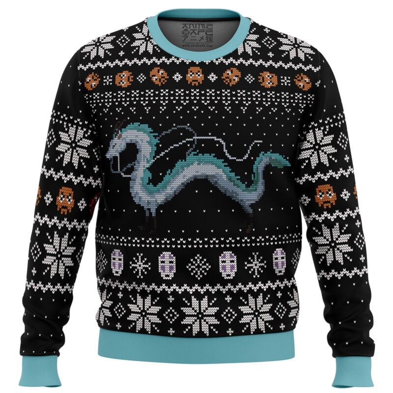 The Studio Ghibli Haku Spirited Away Miyazaki Ugly Christmas Sweater is black with light blue trim, featuring a pixelated dragon in the center and festive patterns of white snowflakes and colorful pixel art designs.