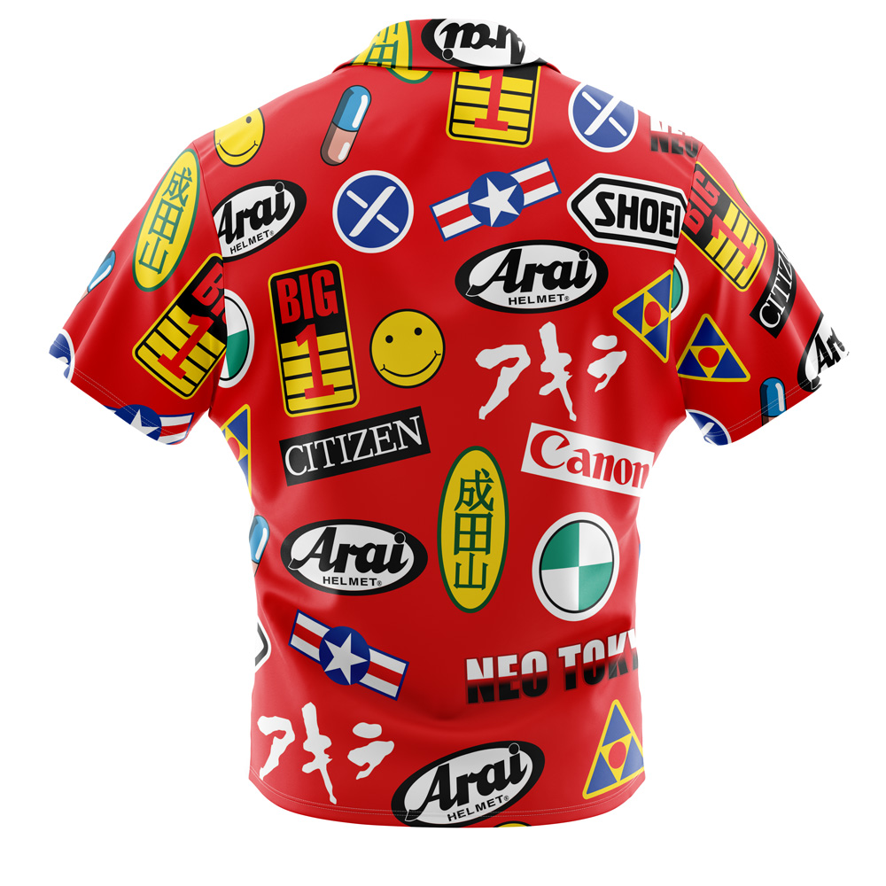 The Akira Full Decals Button Up Hawaiian Shirt features a vibrant red design with colorful patches, logos, and graphics like Canon, Citizen, Neo Tokyo text, smiley faces, and other symbols. The image shows the back of the shirt.
