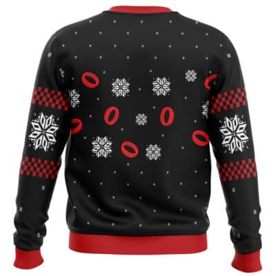 LOTR Filthy Hobitses Ugly Christmas Sweater in black with long sleeves, a pattern of snowflakes, red rings, and red and black checkerboard bands, featuring a red ribbed neckline, cuffs, and hem.