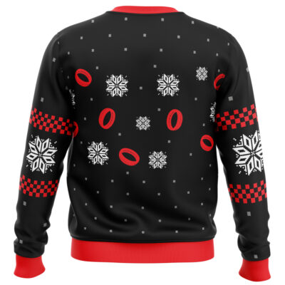 The Lord of the Rings Filthy Hobitses Ugly Christmas Sweater is black with red cuffs and collar, featuring white snowflakes, red rings, small red and black checkerboards, and tiny gray squares. Shown from the back.