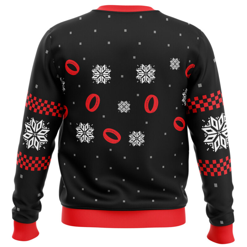 The Lord of the Rings Filthy Hobitses Ugly Christmas Sweater is black with red cuffs and collar, featuring white snowflakes, red rings, small red and black checkerboards, and tiny gray squares. Shown from the back.