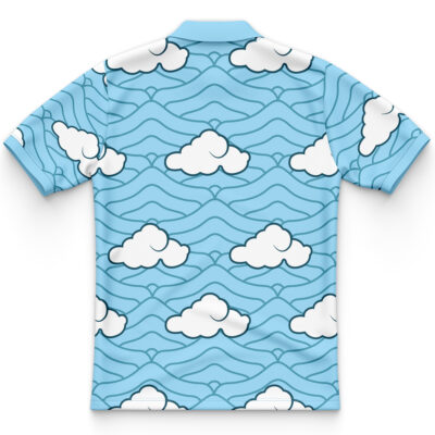 The Sakonji Urokodaki Demon Slayer Polo Shirt is a short-sleeve polo with a blue background and a repeating pattern of white clouds and wavy lines, resembling a sky filled with fluffy clouds.
