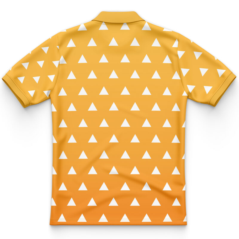 The Zenitsu Agatsuma Demon Slayer Polo Shirt features a yellow and orange gradient, short sleeves, solid yellow collar and sleeve cuffs, and a repeating pattern of small white triangles on the back.
