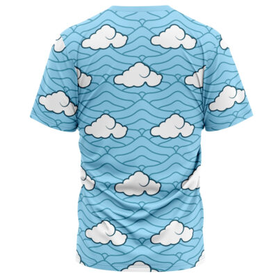 The Sakonji Urokodaki Demon Slayer T-Shirt features a sky-blue design with white clouds and wavy blue lines, creating a whimsical, cartoon-like sky scene.
