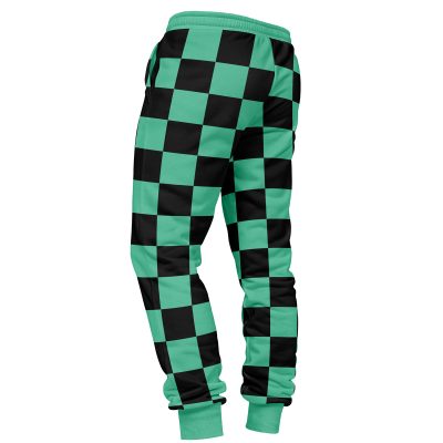 Tanjiro Kamado Demon Slayer Sweatpants with green and black checkered pattern, elastic waistband and cuffs, bold repeating squares, side pockets; shown from the back and side.