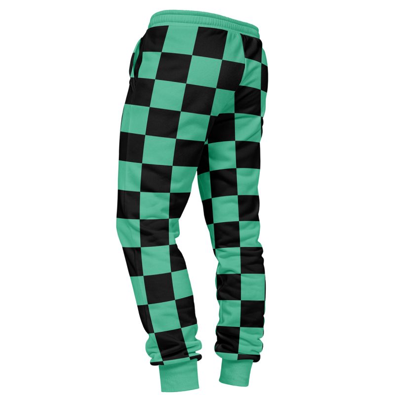 Tanjiro Kamado Demon Slayer Sweatpants with green and black checkered pattern, elastic waistband and cuffs, bold repeating squares, side pockets; shown from the back and side.