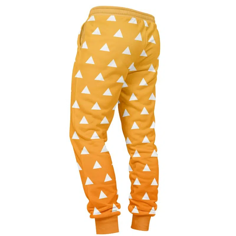 Zenitsu Agatsuma Demon Slayer Sweatpants in yellow with white triangle patterns, elastic waistband and cuffs. The image displays the sweatpants from both back and side angles.