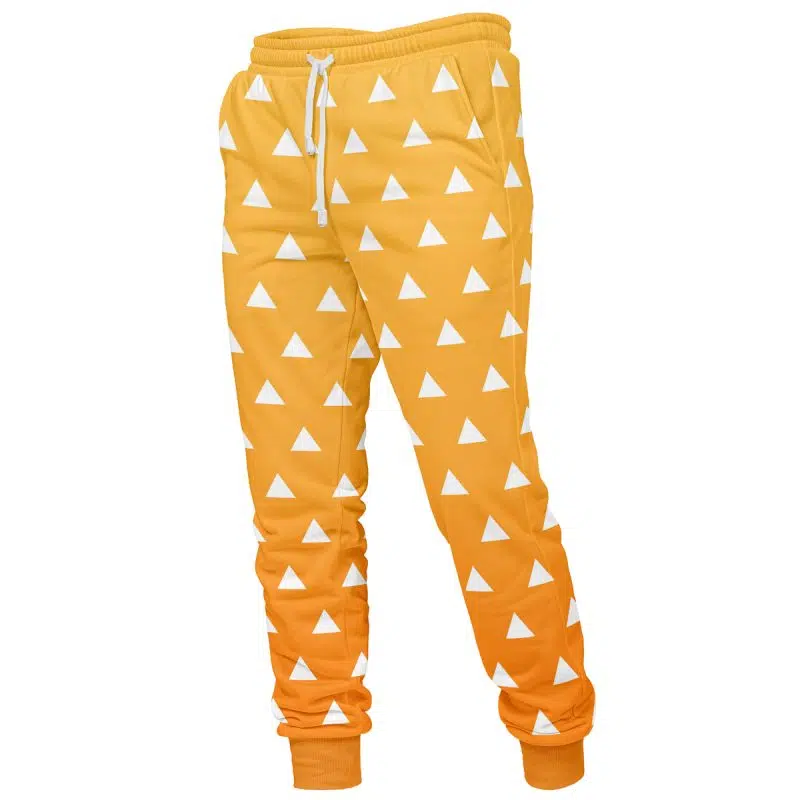 Zenitsu Agatsuma Demon Slayer Sweatpants in orange, featuring a white drawstring and an all-over pattern of evenly spaced white triangles. Displayed standing, showing the front view.