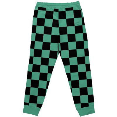 Tanjiro Kamado Demon Slayer Sweatpants with a green and black checkered pattern, elastic waistband, and cuffs, laid flat on a white background.