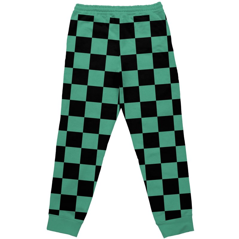 Tanjiro Kamado Demon Slayer Sweatpants with a green and black checkered pattern, elastic waistband, and cuffs, laid flat on a white background.