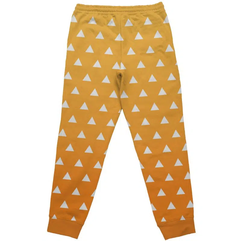 Zenitsu Agatsuma Demon Slayer Sweatpants: Orange sweatpants with an elastic waistband and cuffs, featuring a pattern of evenly spaced white triangles across the fabric.