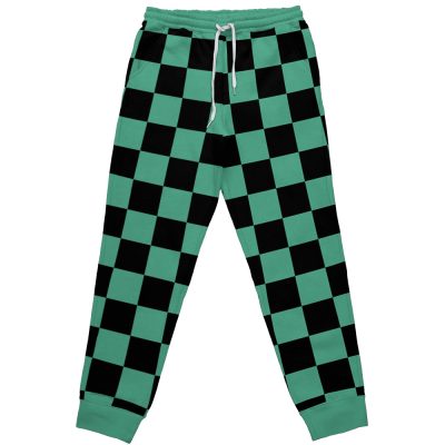 Tanjiro Kamado Demon Slayer Sweatpants featuring a green and black checkerboard pattern, white drawstring waist, and green ankle cuffs.