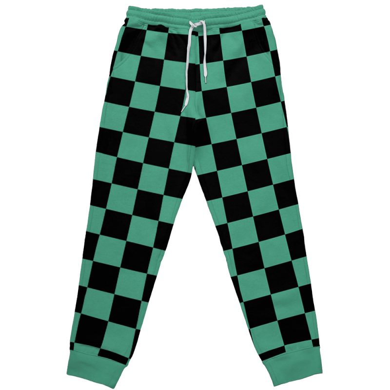 Tanjiro Kamado Demon Slayer Sweatpants featuring a green and black checkerboard pattern, white drawstring waist, and green ankle cuffs.