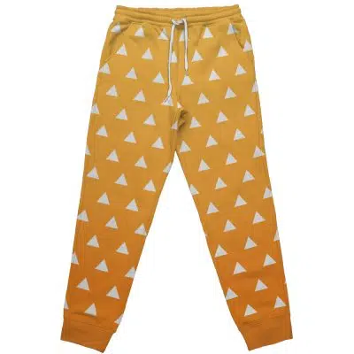 Zenitsu Agatsuma Demon Slayer Sweatpants feature a yellow color, elastic waistband with a white drawstring, repeating white triangle pattern, and ribbed ankle cuffs.