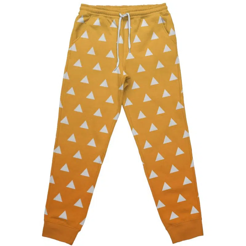 Zenitsu Agatsuma Demon Slayer Sweatpants feature a yellow color, elastic waistband with a white drawstring, repeating white triangle pattern, and ribbed ankle cuffs.