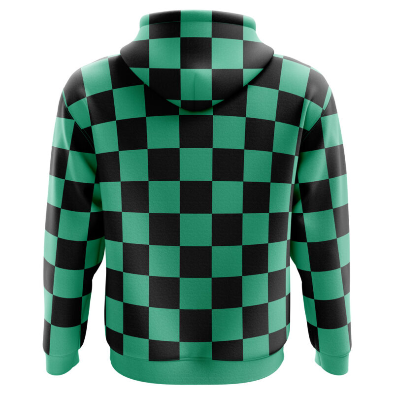 The Tanjiro Kamado Demon Slayer Hoodie features a green and black checkered pattern, evenly sized across the entire hoodie—including the hood and sleeves—and is shown from the back.