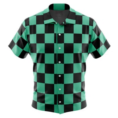 The Tanjiro Kamado Demon Slayer Button Up Hawaiian Shirt features a green and black large checkered pattern on a short-sleeve design, displayed on a plain white background.
