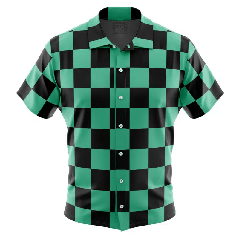 The Tanjiro Kamado Demon Slayer Button Up Hawaiian Shirt features a green and black large checkered pattern on a short-sleeve design, displayed on a plain white background.