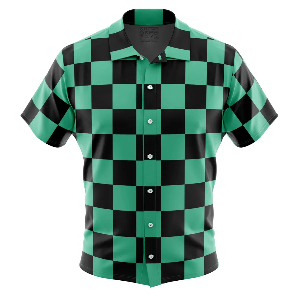 The Tanjiro Kamado Demon Slayer Button Up Hawaiian Shirt features a green and black large checkered pattern on a short-sleeve design, displayed on a plain white background.