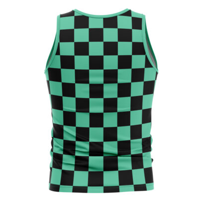 The Tanjiro Kamado v1 Demon Slayer Tank Top is sleeveless, with a form-fitting green and black checkered pattern in alternating squares, shown from the back.
