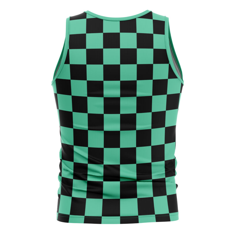 The Tanjiro Kamado v1 Demon Slayer Tank Top is sleeveless, with a form-fitting green and black checkered pattern in alternating squares, shown from the back.