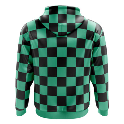 The Tanjiro Kamado Demon Slayer Zip Hoodie Jacket features a bold green and black checkered pattern, a spacious hood, and long sleeves. Shown from the back, its checkerboard design is evenly distributed across the fabric.