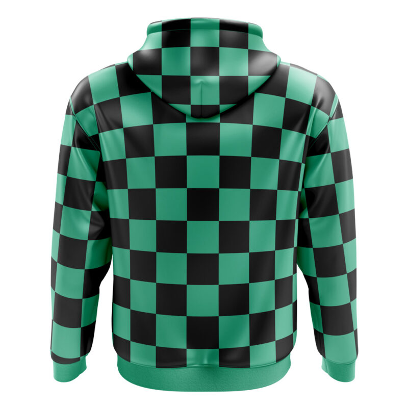 The Tanjiro Kamado Demon Slayer Zip Hoodie Jacket features a bold green and black checkered pattern, a spacious hood, and long sleeves. Shown from the back, its checkerboard design is evenly distributed across the fabric.