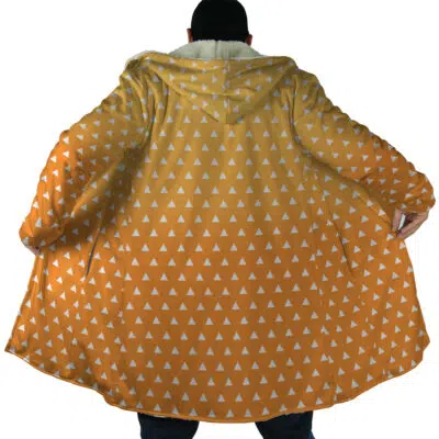 A person wearing the Zenitsu Agatsuma Demon Slayer Dream Cloak Coat, featuring a hood and white triangle pattern, spreads the cloak wide to display its interior, seen from the back.