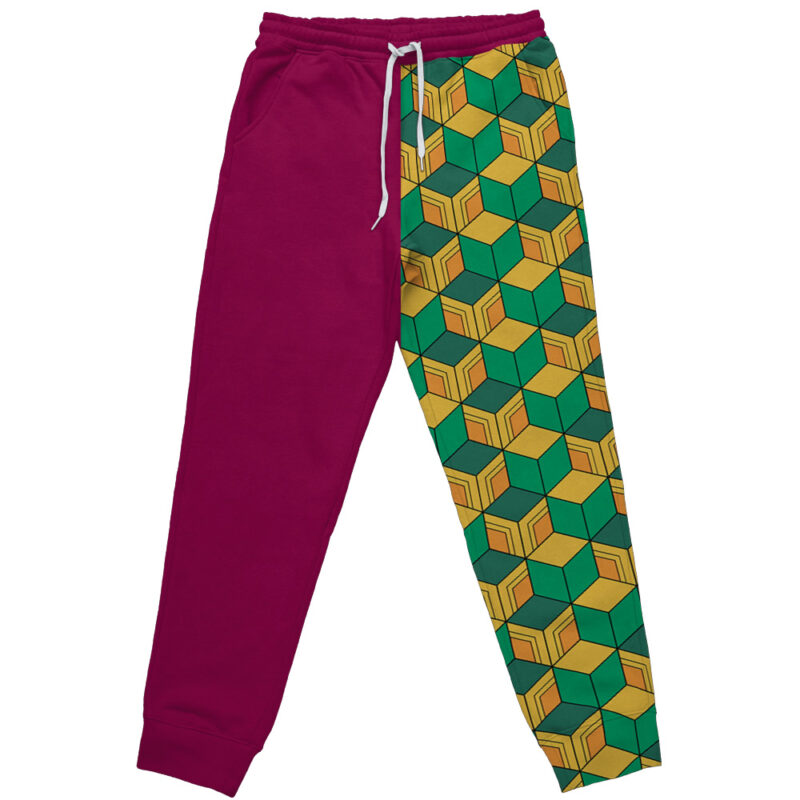 The Giyu Tomioka Demon Slayer Sweatpants feature an asymmetrical design: the left leg is solid magenta, while the right leg displays a green, yellow, and orange geometric cube pattern with a white waist drawstring.