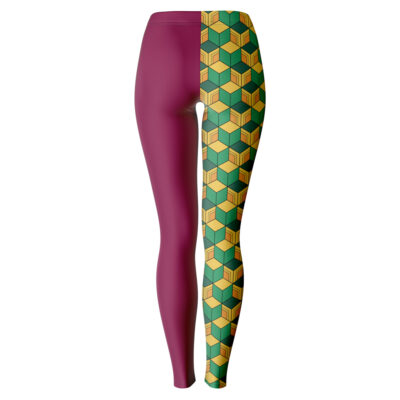Giyu Tomioka Demon Slayer Leggings: asymmetrical style with a solid maroon left leg and a green, yellow, and black geometric cube pattern on the right leg.