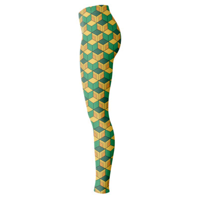 Side view of Giyu Tomioka Demon Slayer Leggings featuring a geometric pattern of yellow and green cubes on turquoise, creating a 3D optical illusion effect.