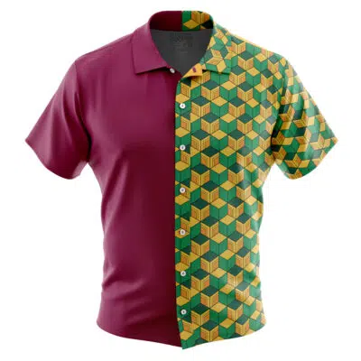 The Giyu Tomioka Demon Slayer Button Up Hawaiian Shirt features short sleeves, a button-down front, a collar, a solid maroon left side, and a right side with a yellow, green, and brown geometric cube pattern.
