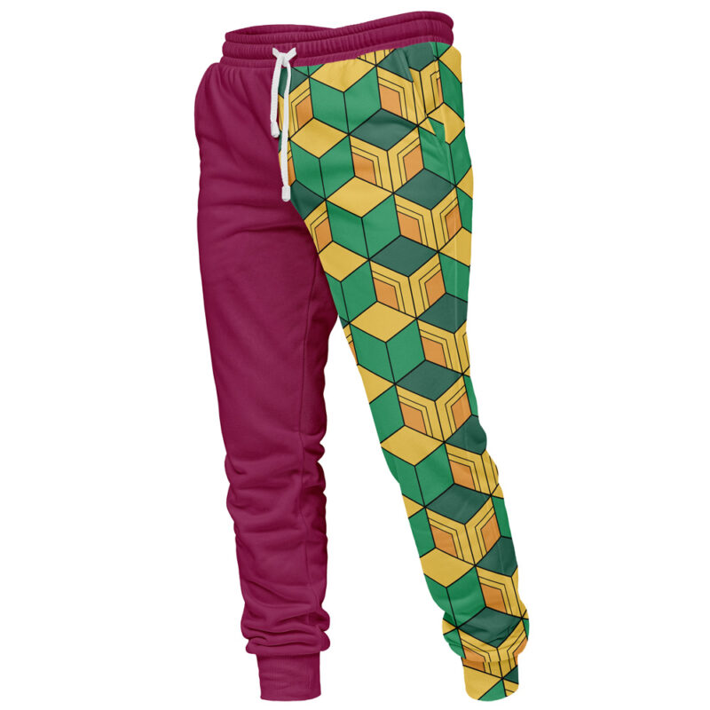 The Giyu Tomioka Demon Slayer Sweatpants feature one solid maroon leg and the other with a yellow, green, and black geometric cube pattern, plus a white drawstring waistband.