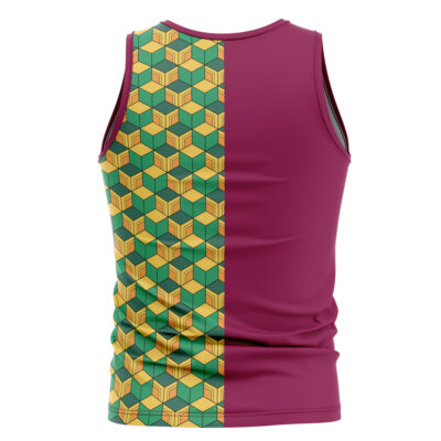 The Giyu Tomioka Demon Slayer Tank Top is sleeveless with a bold back design: the left half shows a green, yellow, and black geometric cube pattern, while the right half is solid maroon.