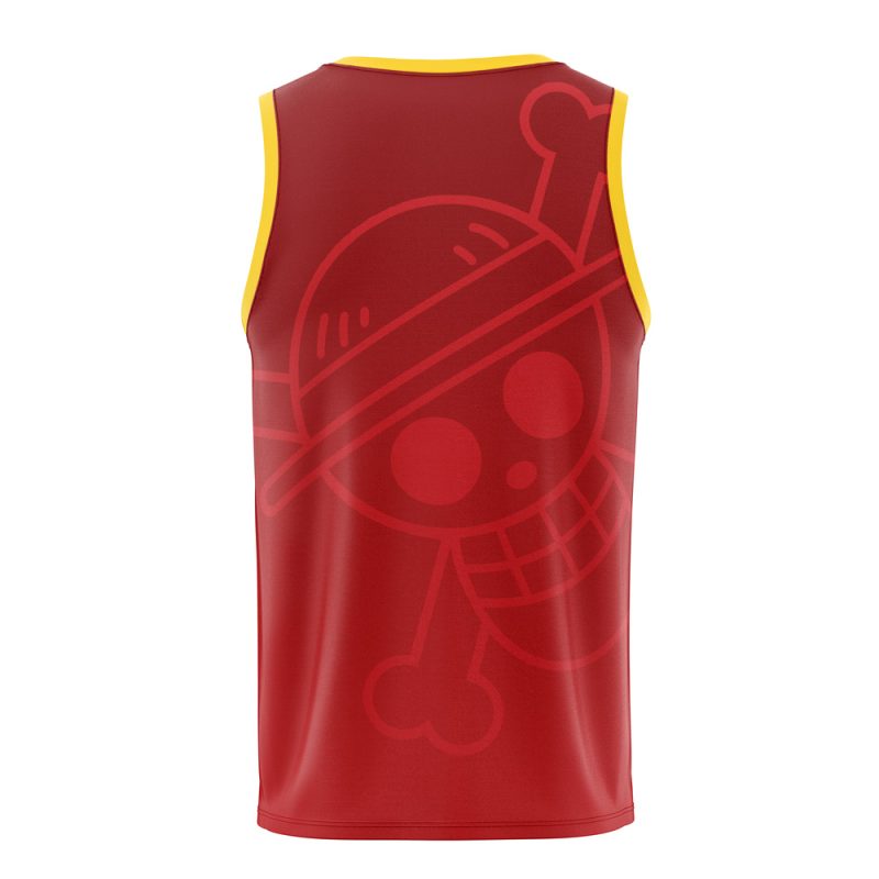 The Luffy Straw Hats One Piece Basketball Jersey is a red sleeveless tank with yellow trim and a large faded smiling skull in a straw hat graphic on the back.