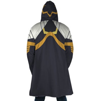 A person wearing the Momonga Overlord Dream Cloak Coat, featuring dark fabric with gold and white geometric patterns on the back, stands with their back to the camera, evoking a powerful fantasy character.