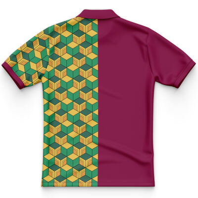 The Giyu Tomioka Demon Slayer Polo Shirt has short sleeves, a collar, a green and yellow geometric cube pattern on the left back half, and solid maroon on the right back half.