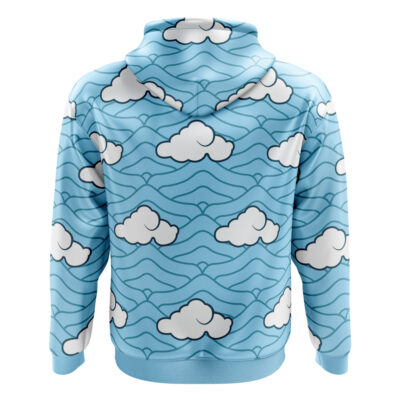The Sakonji Urokodaki Demon Slayer Zip Hoodie Jacket features a blue design with white clouds and wavy lines covering the back, hood, and sleeves, resembling a sky filled with clouds.
