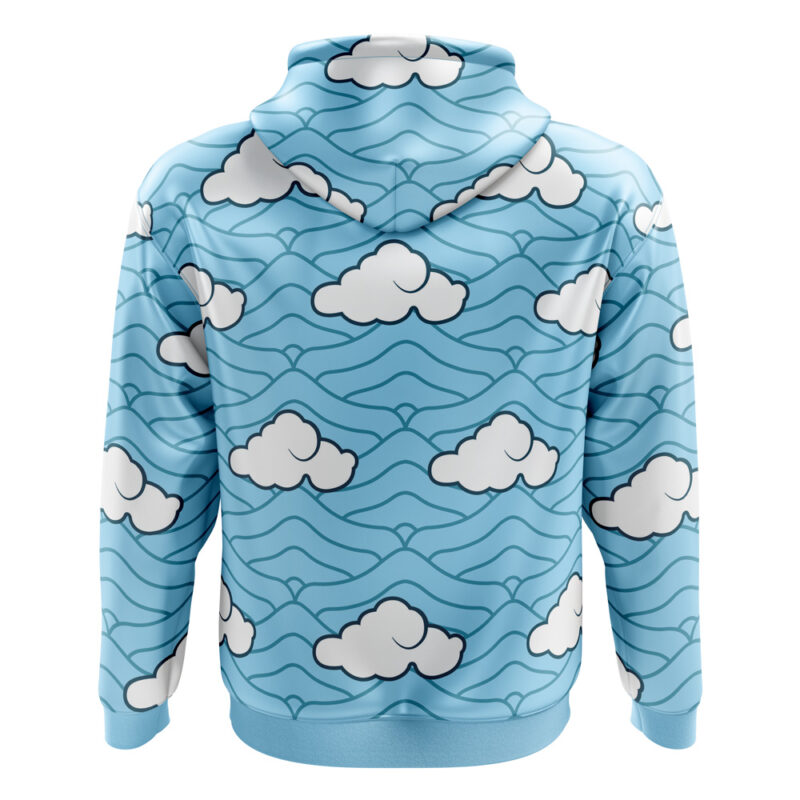 The Sakonji Urokodaki Demon Slayer Zip Hoodie Jacket features a blue design with white clouds and wavy lines covering the back, hood, and sleeves, resembling a sky filled with clouds.