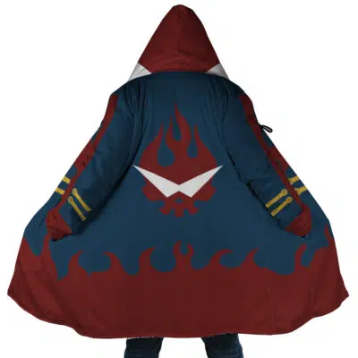 A person wears the Simon Tengen Toppa Gurren Lagann Dream Cloak Coat: dark blue with red flames at the bottom, yellow sleeve stripes, and a large stylized skull with sunglasses and flames on the back.