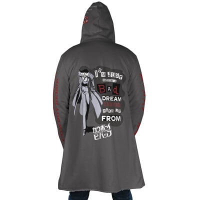 A person wears the Spiegel Spike 2 Dream Cowboy Bebop Dream Cloak Coat, a dark gray hooded coat with an anime character, “I’m just living in a bad dream I never wake up from,” Japanese text, and Cowboy Bebop on the sleeve.