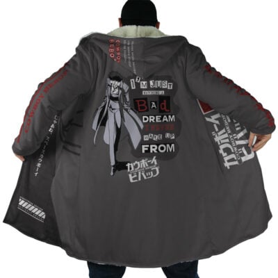A person wearing the Spiegel Spike 2 Dream Cowboy Bebop Dream Cloak Coat, featuring dark fabric, anime art of Spike Spiegel, Japanese text, and the phrase "I'm just a bad dream I never wake up from.