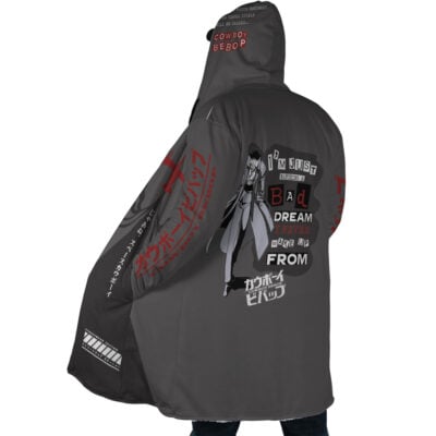 A person wears the Spiegel Spike 2 Dream Cowboy Bebop Dream Cloak Coat, a dark gray hooded jacket featuring anime graphics, Japanese text, bold English phrases, and a large Spike Spiegel image on the back with stylized designs.