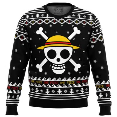 The One Piece Straw Hat Pirates Christmas Ugly Christmas Sweater is black with a festive design featuring a large cartoon skull in a yellow hat, crossbones, snowflakes, and repeated ONE PIECE text along the lower border.